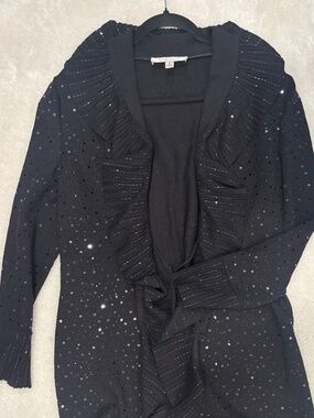 St. John Evening Black Knit Cardigan Duster Metallic Dot Ruffle Trim Belted Luxe